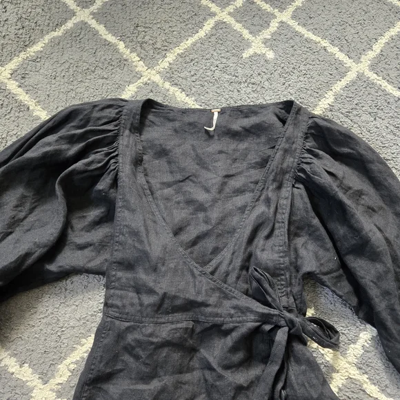 FREE PEOPLE Black Linen Carino Mini Wrap Dress Small Petite - Picture 6 of 14